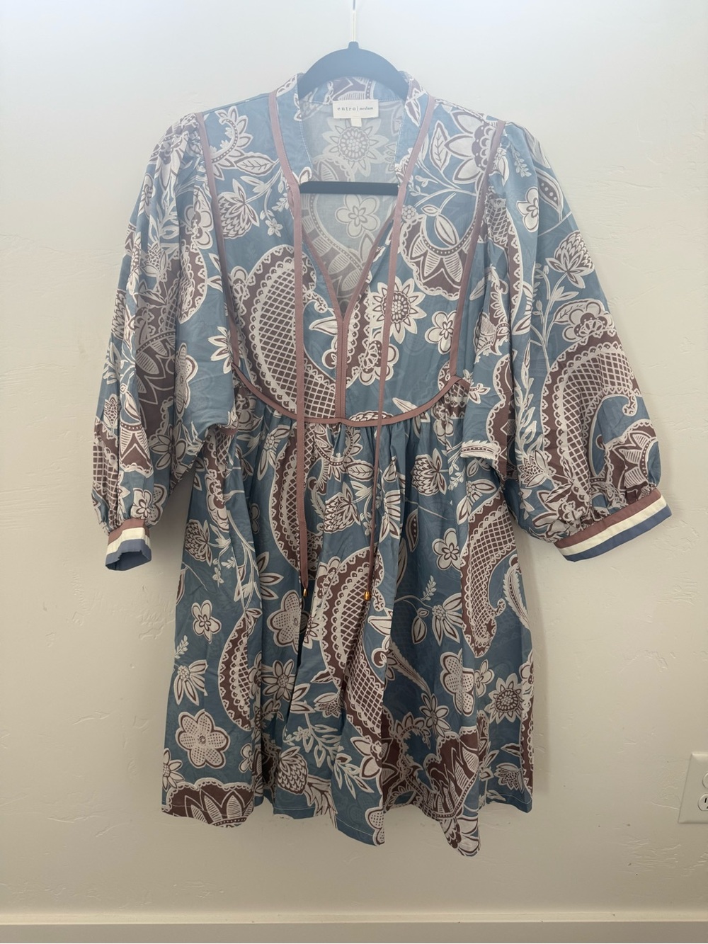 Blue Paisley Cotton Womens Dress with Brown Trim